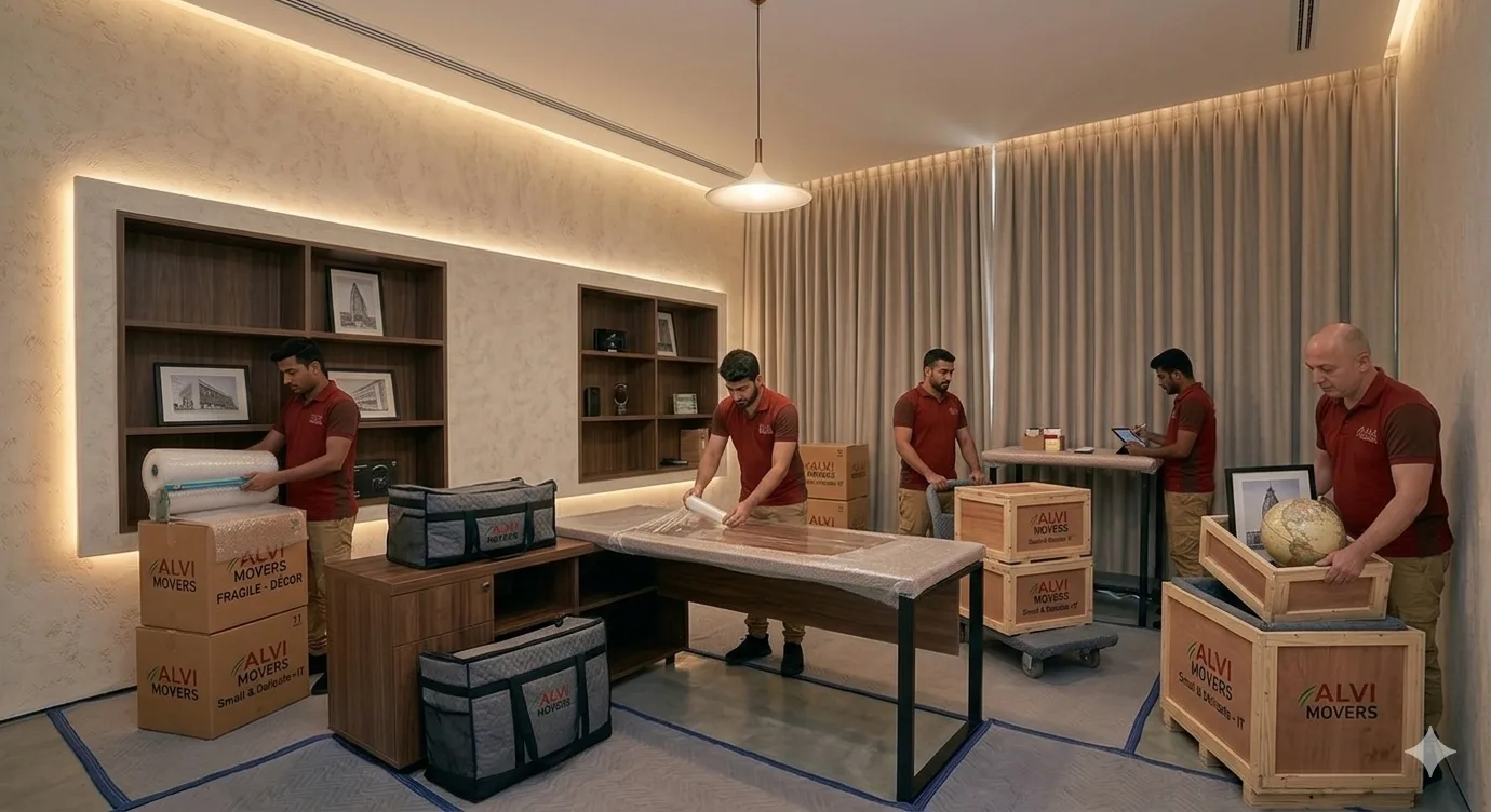 Professional house movers in Sharjah carefully loading household furniture into a moving truck