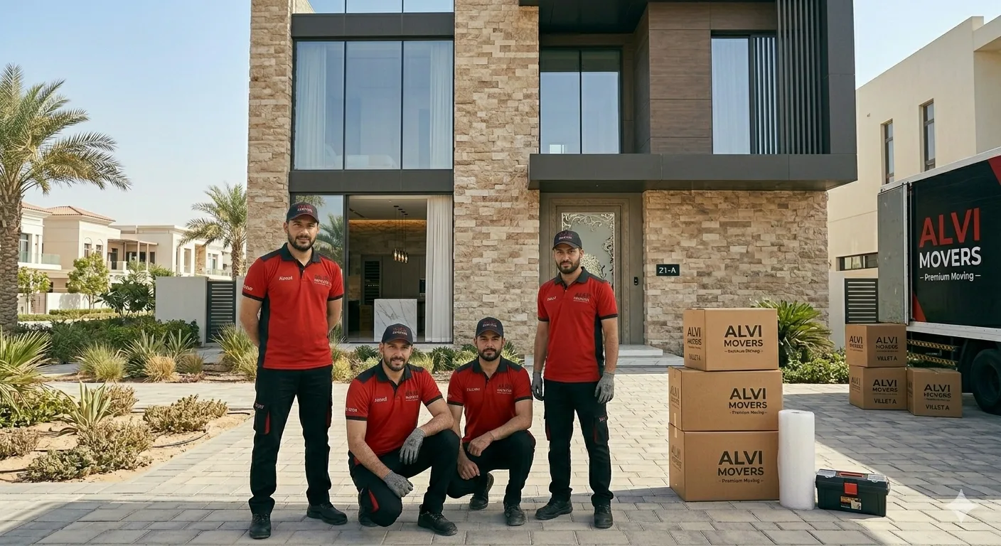 Professional villa movers in Sharjah carefully loading large furniture into a moving truck